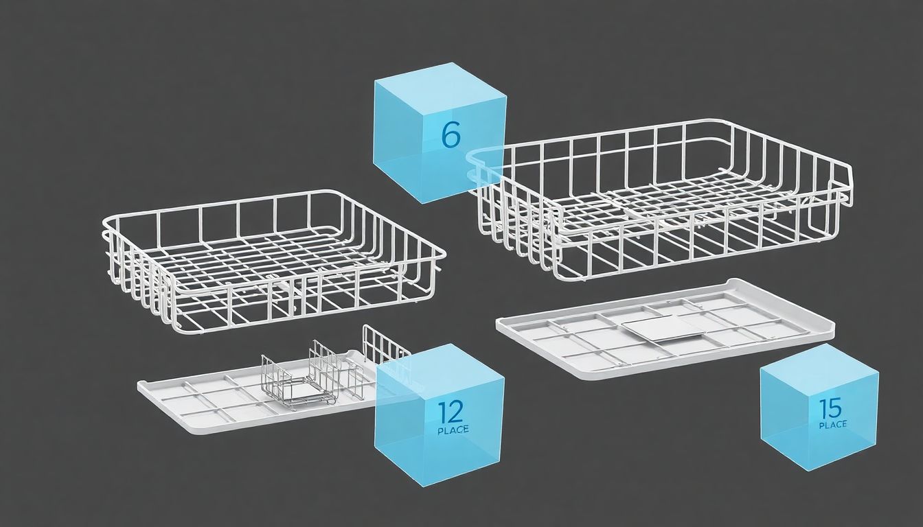 [식기세척기 비교] 6인용과 12인용 모델의 내부 수납 용량 및 공간 차지 비중 비교 - 두 가지 크기의 식기 세척 트레이 구조