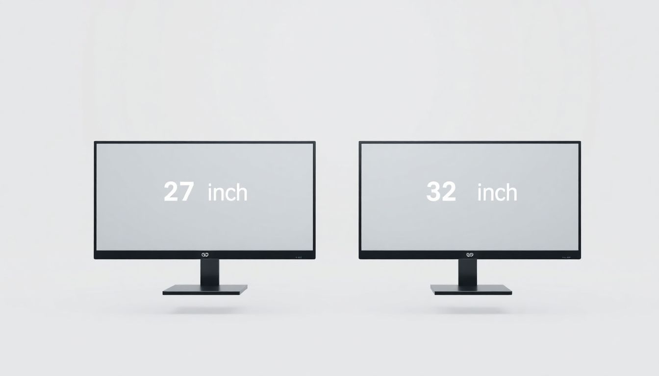 [초고화질모니터크기비교] 27인치와 32인치 모니터의 물리적 크기 차이 및 가독성 수치 비교 - 공중에 떠 있는 두 개의 디스플레이 프레임
