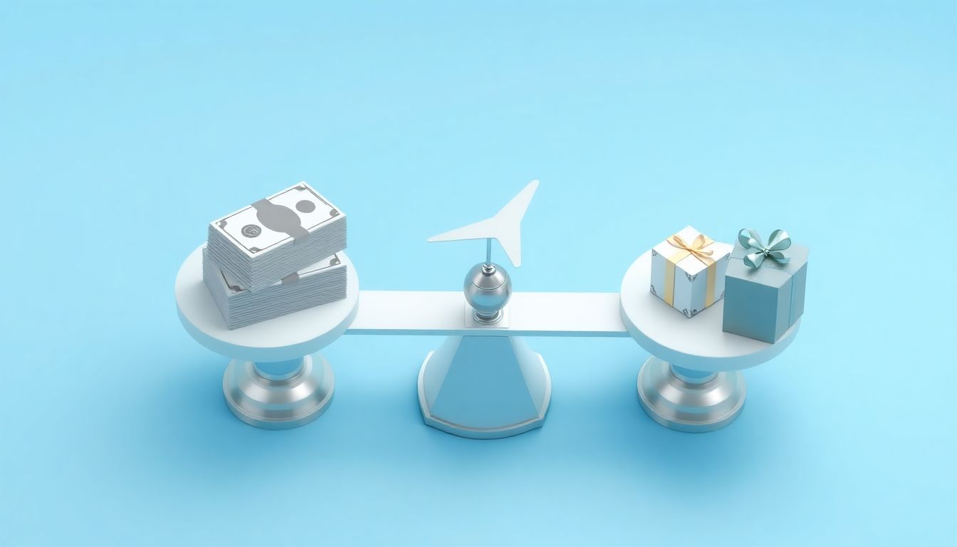 [포인트 활용 전략] 현금화와 항공 마일리지 전환 등 사용 목적에 따른 혜택 비교 - 저울 위에 놓인 현금 뭉치와 비행기 아이콘