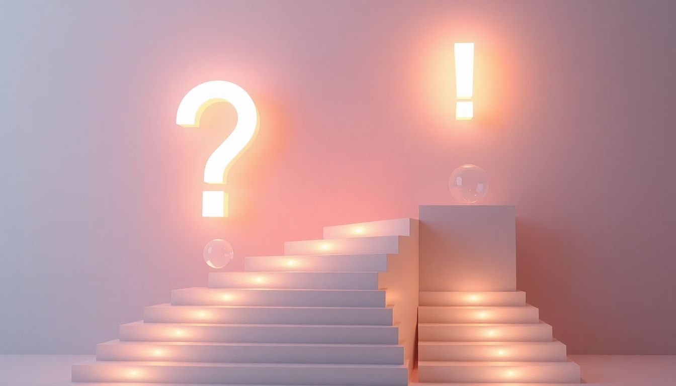 [아이폰 16 PC 연결] 문제 해결 후 확인해야 할 최종 지침과 핵심 FAQ 안내 - 상승하는 계단 위의 물음표와 느낌표 기호