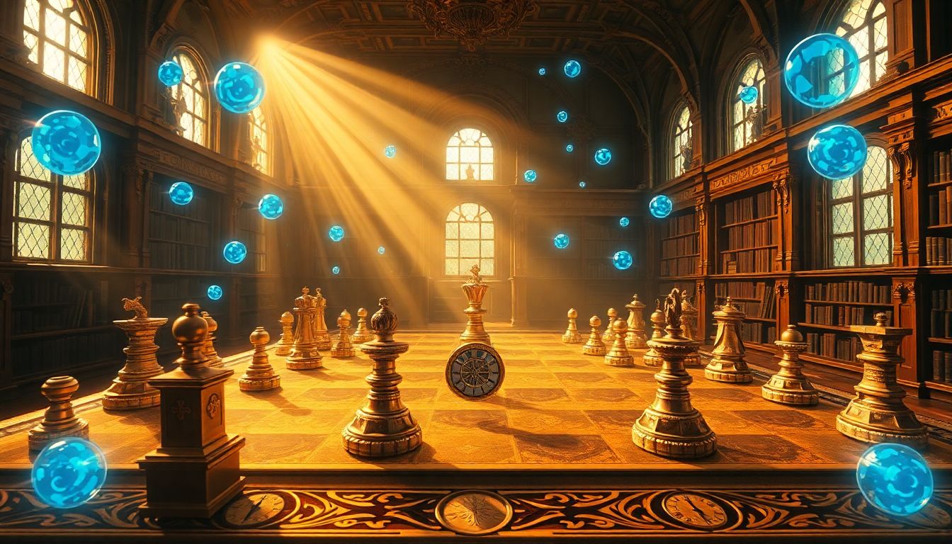 [에이전트결제] 기술이 불러온 M2M 경제의 표준 주도권 전쟁을 웅장한 체스판과 기계 장치의 전략적 대결로 시각화하여 표현한 미래 금융 생태계의 모습