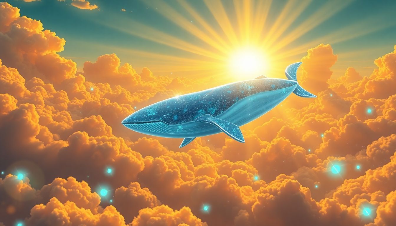 인공지능코인전망 및 엔비디아 GTC 2026 호재 속에 숨겨진 고래의 함정과 시장의 급격한 변동성을 웅장한 하늘 고래의 실루엣으로 형상화한 시네마틱 이미지