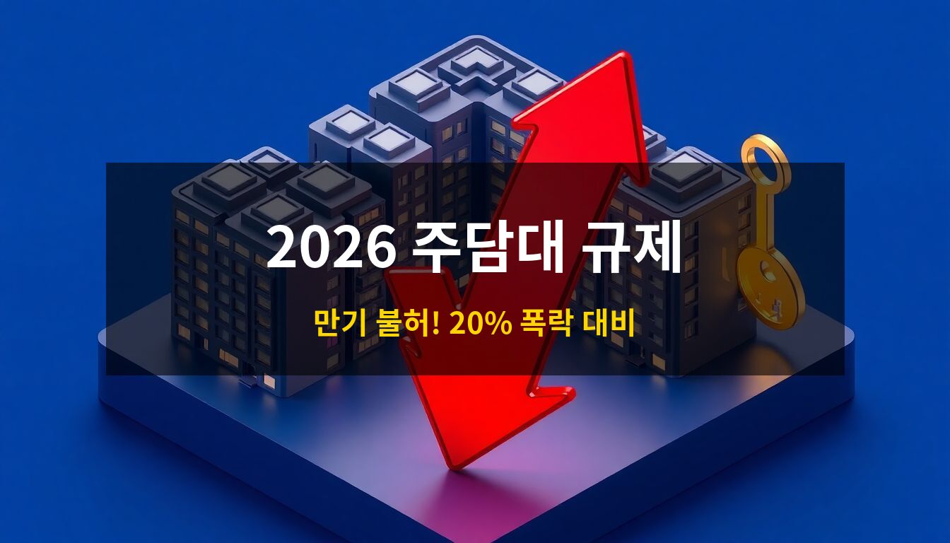 2026 다주택자 주담대 규제: 밀집된 아파트 단지 위로 강렬한 레드 하락 화살표가 교차하며 자산 시장의 지각변동과 새로운 투자 기회를 상징적으로 묘사한 고급 3D 아이소메트릭 일러스트