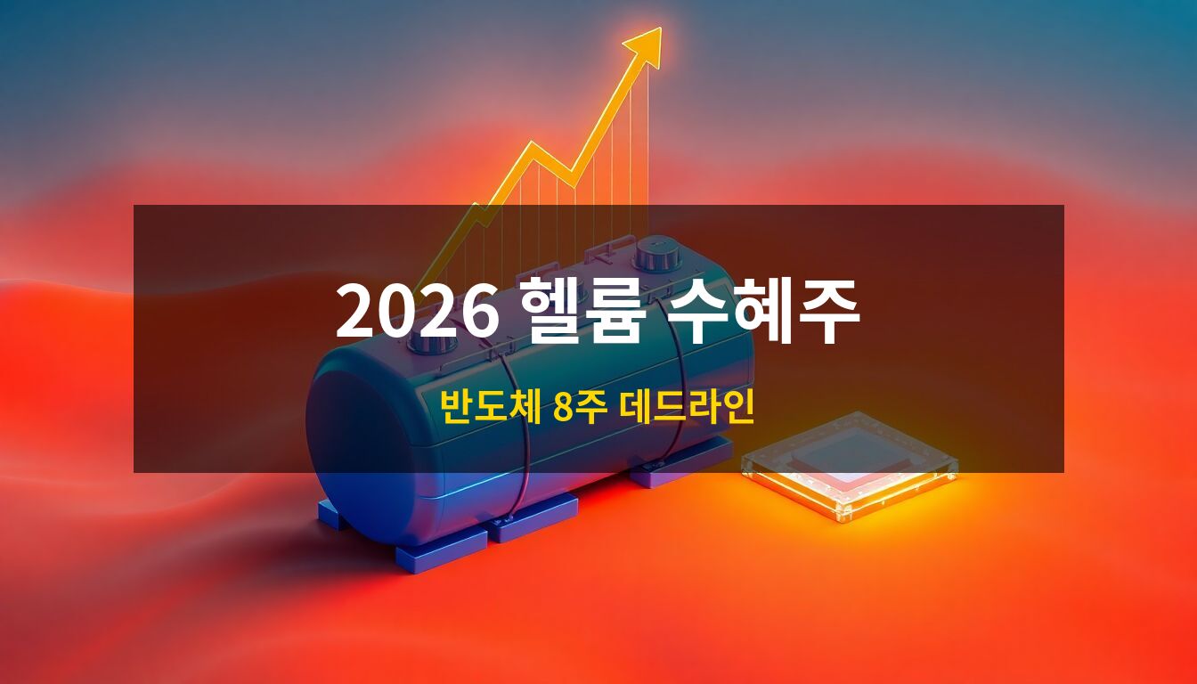 2026 헬륨 수혜주: 차가운 냉기가 뿜어져 나오는 푸른색 헬륨 ISO 탱크와 반도체 웨이퍼가 결합된 3D 아이소메트릭 일러스트로, 글로벌 에너지 자원 확보와 반도체 산업의 긴밀한 관계를 상징하는 이미지.