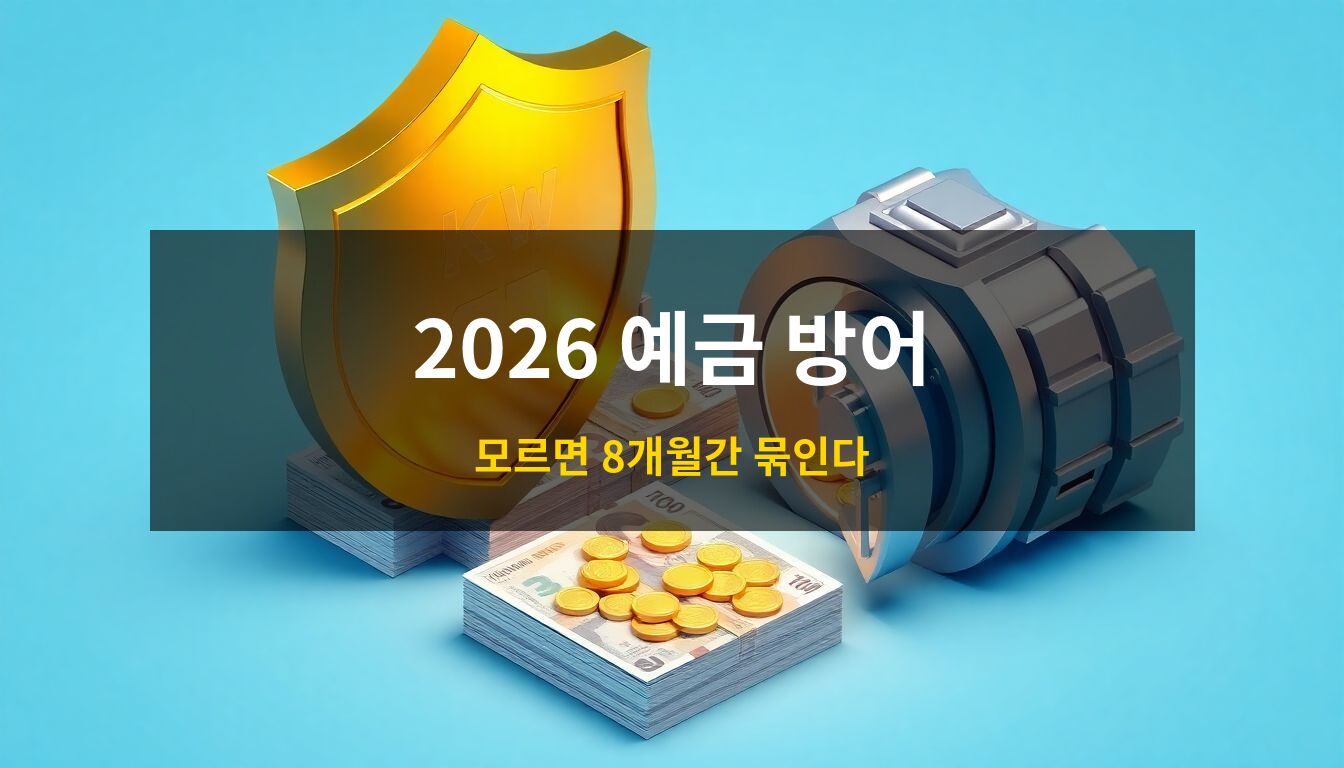 2026예금자보호: 한국 원화 뭉치와 이를 견고하게 보호하는 황금색 방패, 그리고 대형 금고가 배치된 고급스러운 3D 아이소메트릭 일러스트로 자산 보호의 안정성을 시각화함.