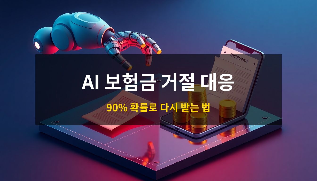 인공지능보험금거절대응: 차가운 로봇 팔의 보험 심사 거절을 뚫고 스마트폰을 통해 정당한 금화 보상과 서류를 되찾아오는 모습을 형상화한 고품질 3D 아이소메트릭 일러스트