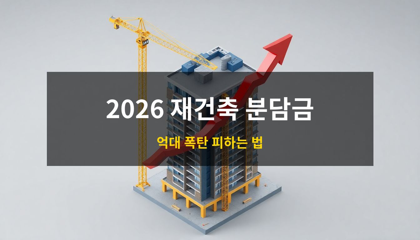 2026 재건축 추가 분담금: 가파르게 치솟는 빨간색 화살표 그래프가 공사 중인 아파트 건물을 휘감고 있는 3D 아이소메트릭 일러스트로, 공사비 폭등과 금융적 압박을 상징적으로 묘사한 이미지