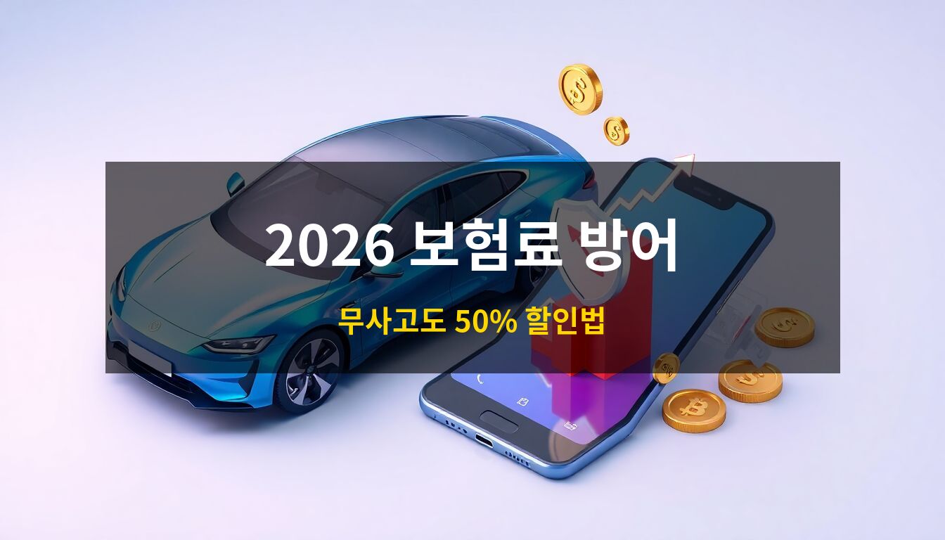2026자동차보험료방어: 스마트폰의 방패 아이콘이 상승하는 보험료 그래프를 막아내는 장면과 세련된 전기차를 묘사한 고품격 3D 아이소메트릭 일러스트