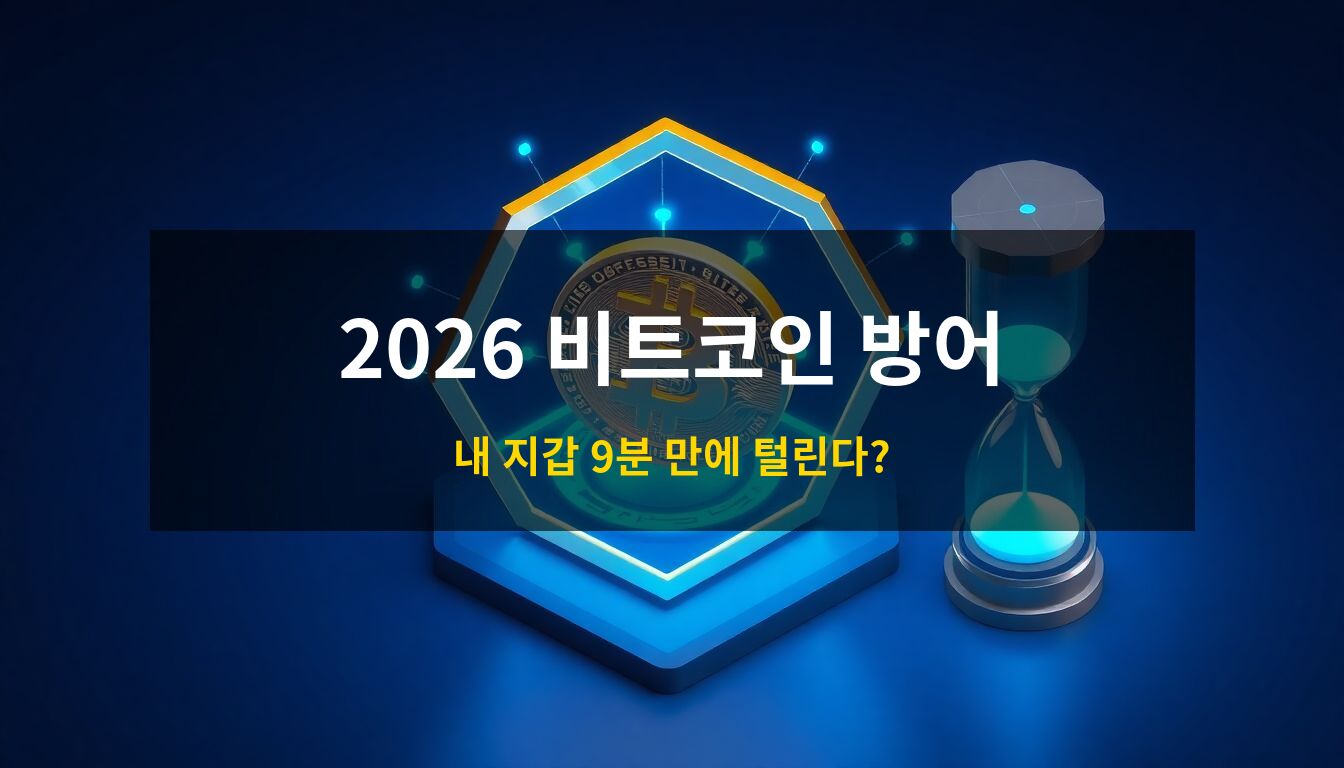 2026 비트코인 양자해킹 방어: 육각형 디지털 보호막에 둘러싸인 황금색 비트코인과 이를 위협하는 푸른색 양자 회로 에너지를 묘사한 고품질 3D 일러스트