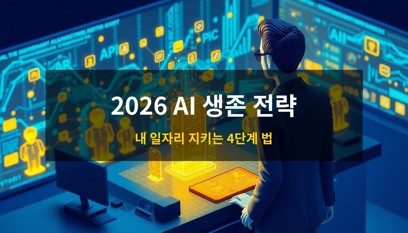 2026인공지능업무생존: 미래형 사무실에서 한 명의 전문가가 여러 개의 홀로그램 AI 에이전트를 진두지휘하며 데이터 스트림 속에서 업무를 수행하는 고품격 3D 아이소메트릭 일러스트