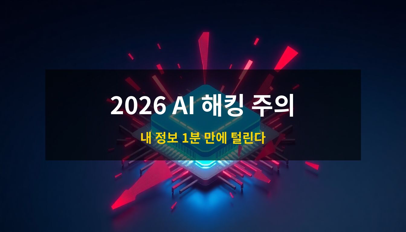 2026 AI 데이터 해킹: 푸른색으로 빛나는 AI 신경망 칩에 붉은색 데이터 파편들이 침투하는 긴박한 보안 위기 상황을 형상화한 고품질 3D 아이소메트릭 일러스트