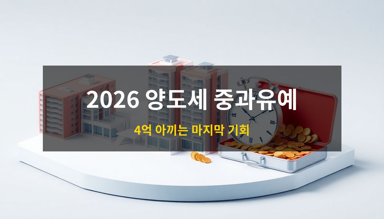 2026 다주택자 양도세 중과 유예: 현대적인 3D 아이소메트릭 아파트 단지와 자산을 상징하는 서류 가방, 그리고 마감 기한을 의미하는 시계 오브젝트가 조화를 이룬 절세 전략 컨셉 이미지