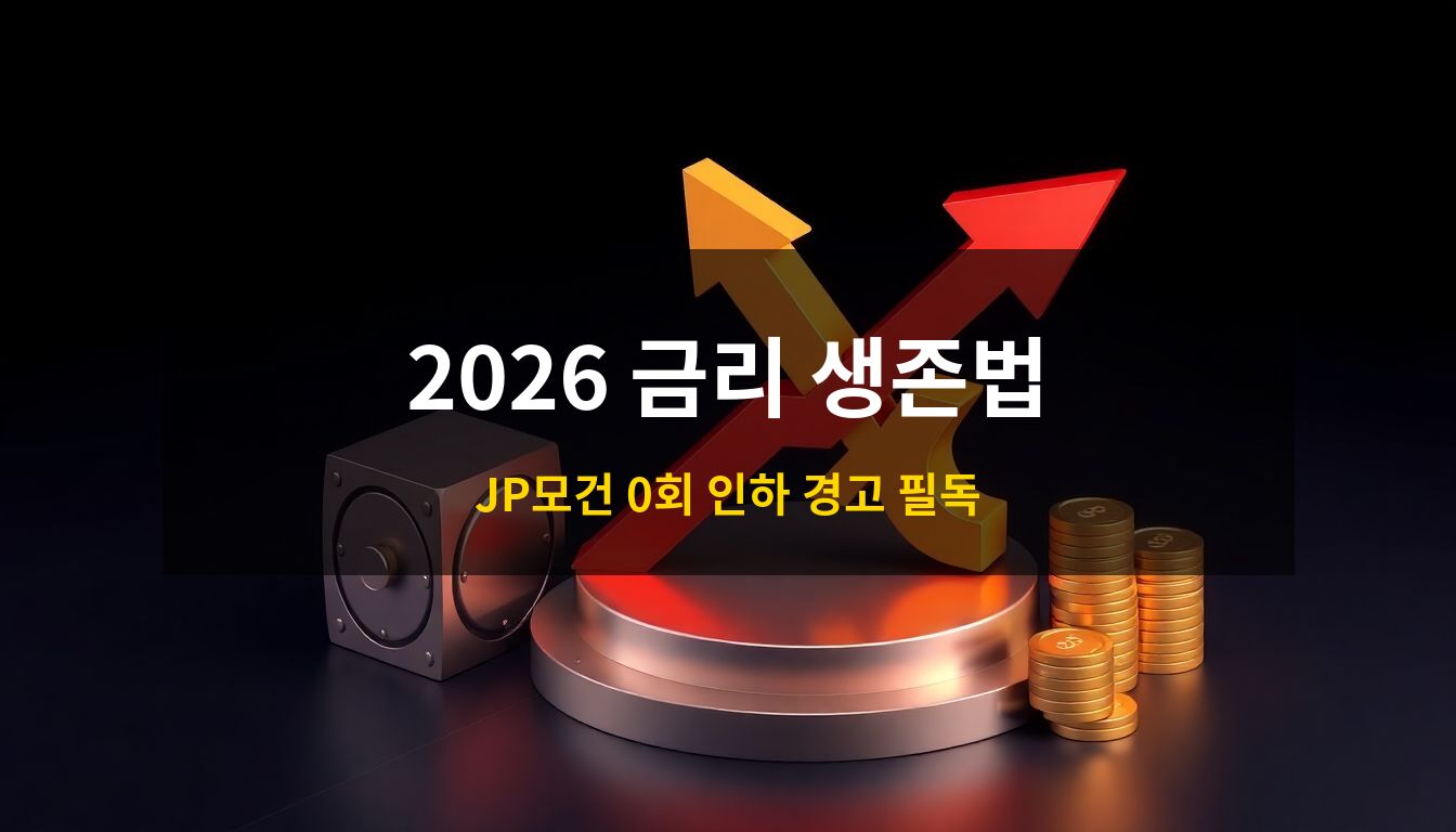 2026고금리장기화전략: 거대한 황금색 퍼센트 기호와 자산 양극화를 상징하는 K자형 그래프, 금고와 동전이 어우러진 고금리 시대 생존 전략 컨셉의 3D 아이소메트릭 일러스트
