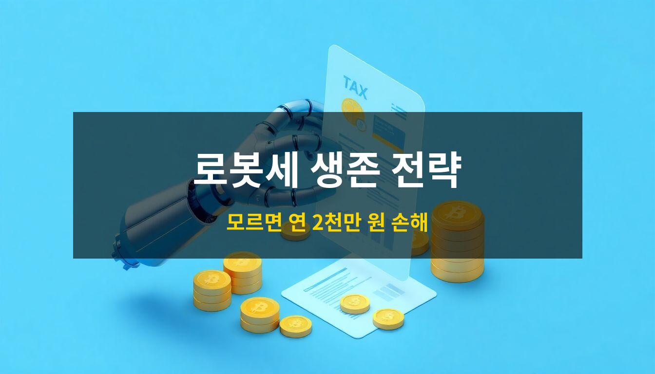 로봇세 생존 전략: 정교한 로봇 팔과 홀로그램 세금 고지서, 금빛 동전 오브제를 통해 2026년 로봇세 도입에 따른 경제적 변화와 대응 방안을 형상화한 3D 아이소메트릭 일러스트
