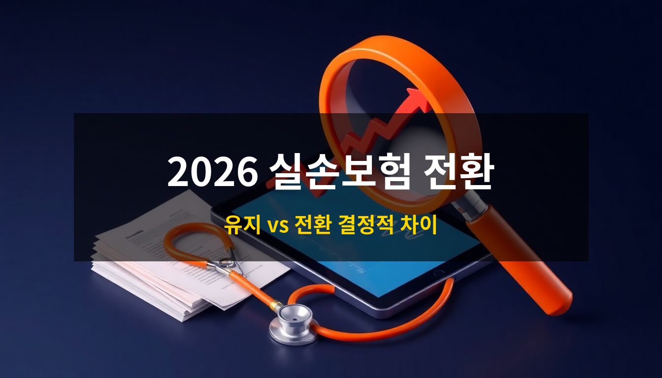 2026실손보험전환: 상승하는 붉은색 그래프가 그려진 태블릿과 청진기, 돋보기, 의료 서류 뭉치를 배치하여 보험료 부담 급증과 정밀 분석의 필요성을 형상화한 3D 아이소메트릭 일러스트
