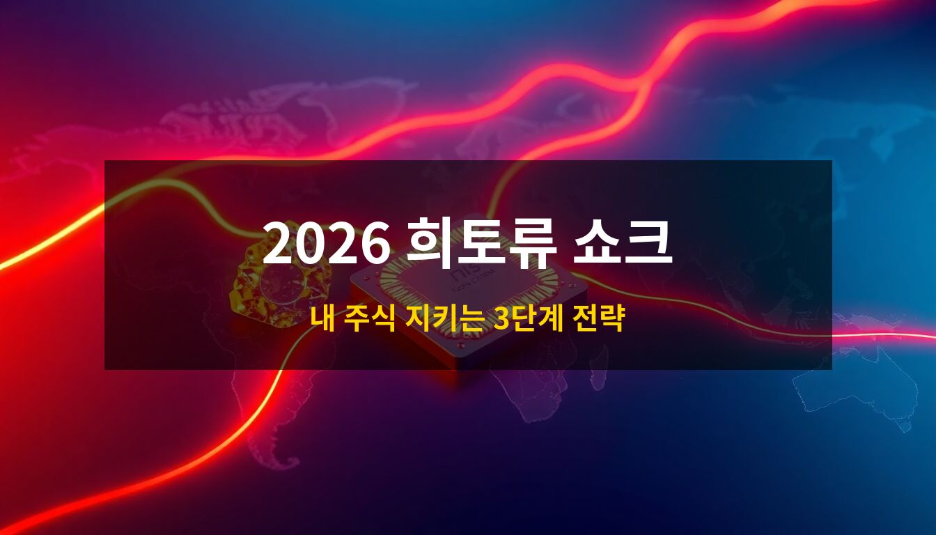 2026희토류공급망위기: 신비롭게 빛나는 희토류 원석과 반도체 웨이퍼, 전기차 배터리가 배치된 가운데 붉게 차단된 글로벌 무역 경로를 시각화한 고품격 3D 아이소메트릭 일러스트