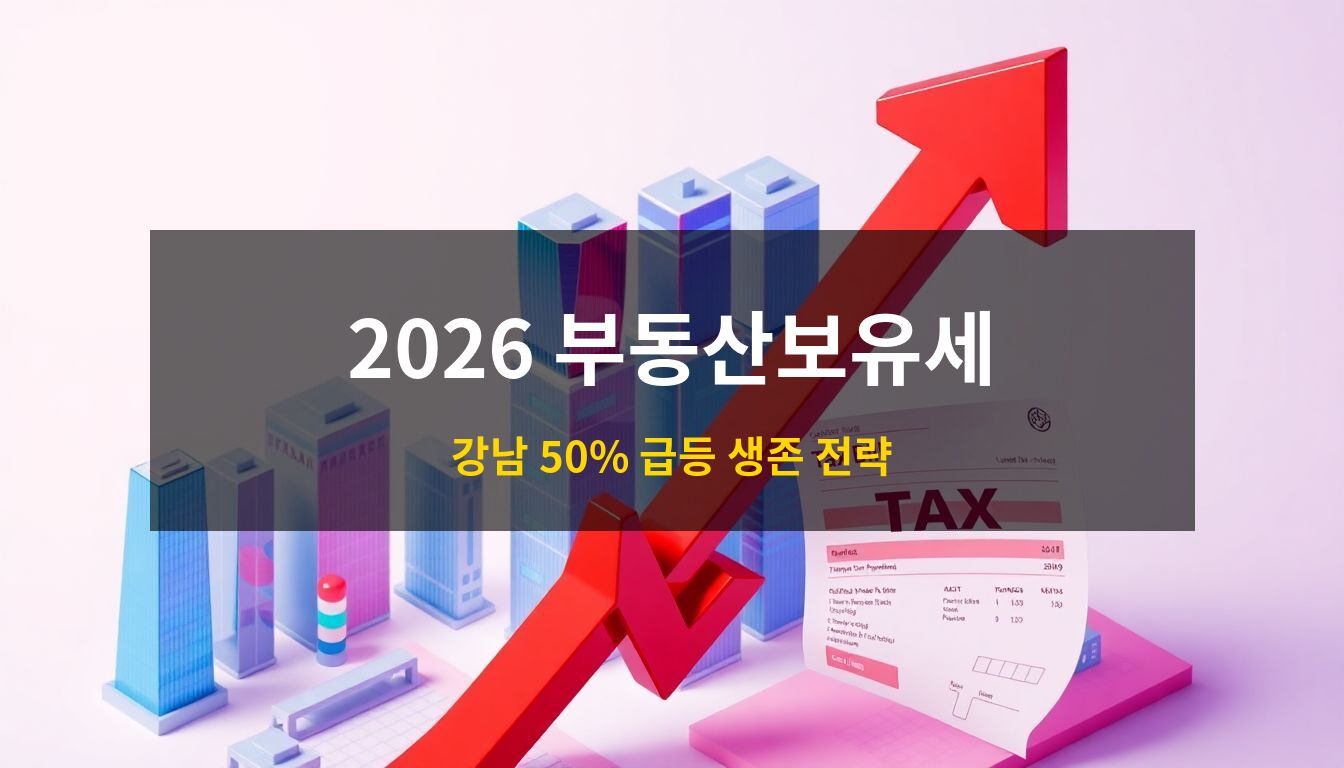 2026부동산보유세: 강남의 프리미엄 아파트 단지 위로 거대한 세금 고지서와 하락을 상징하는 붉은색 화살표가 교차하며 위기감을 조성하는 고품격 3D 아이소메트릭 일러스트
