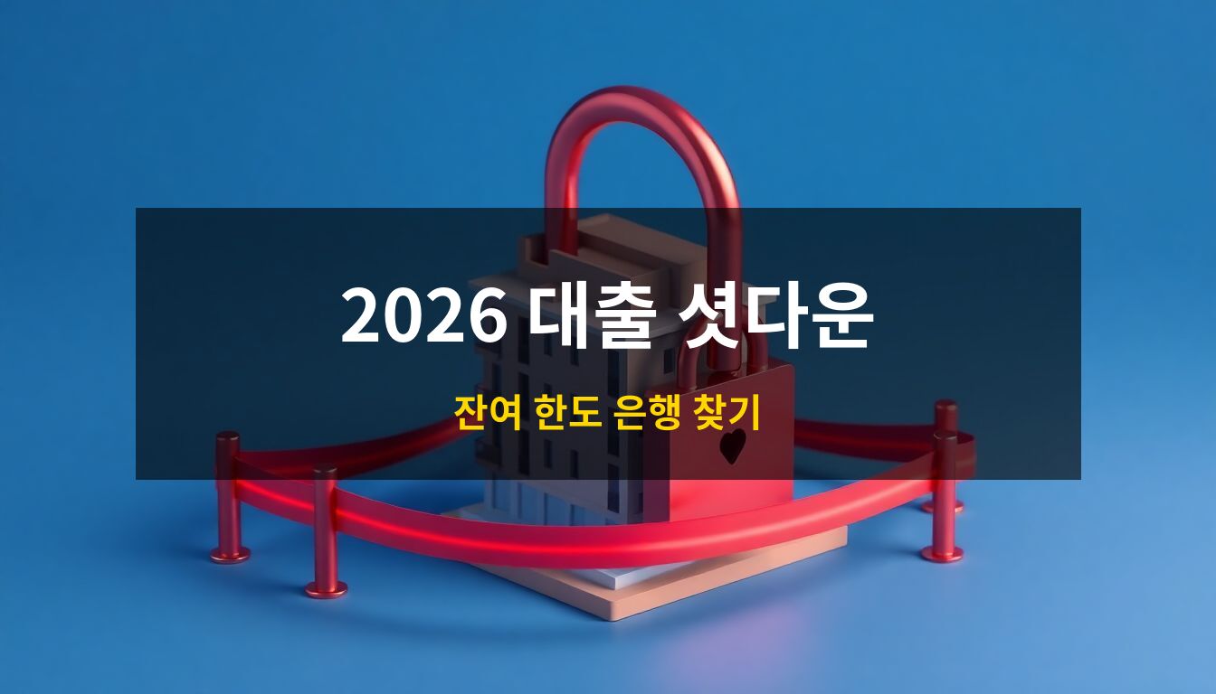 2026주택담보대출셧다운: 거대한 빨간색 금속 자물쇠로 잠긴 아파트 건물과 출입 통제선 오브제를 통해 금융권의 대출 중단 사태를 시각화한 고급 3D 아이소메트릭 일러스트 이미지