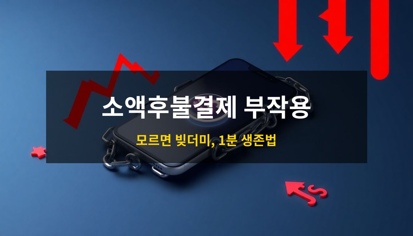 소액후불결제부작용: 쇠사슬에 묶인 스마트폰과 하락하는 붉은색 금융 그래프를 통해 편리한 결제 뒤에 숨겨진 부채의 위험성을 시각화한 고품질 3D 아이소메트릭 일러스트.