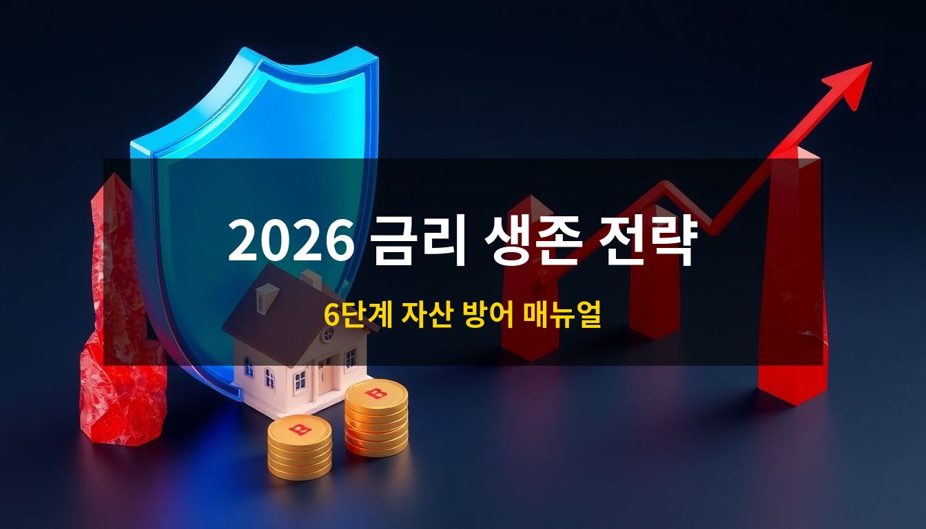 2026변동금리대응전략: 금리 인상을 상징하는 붉은색 그래프 기둥의 압박으로부터 주택과 자산을 견고하게 방어하는 푸른색 방패를 묘사한 3D 아이소메트릭 일러스트