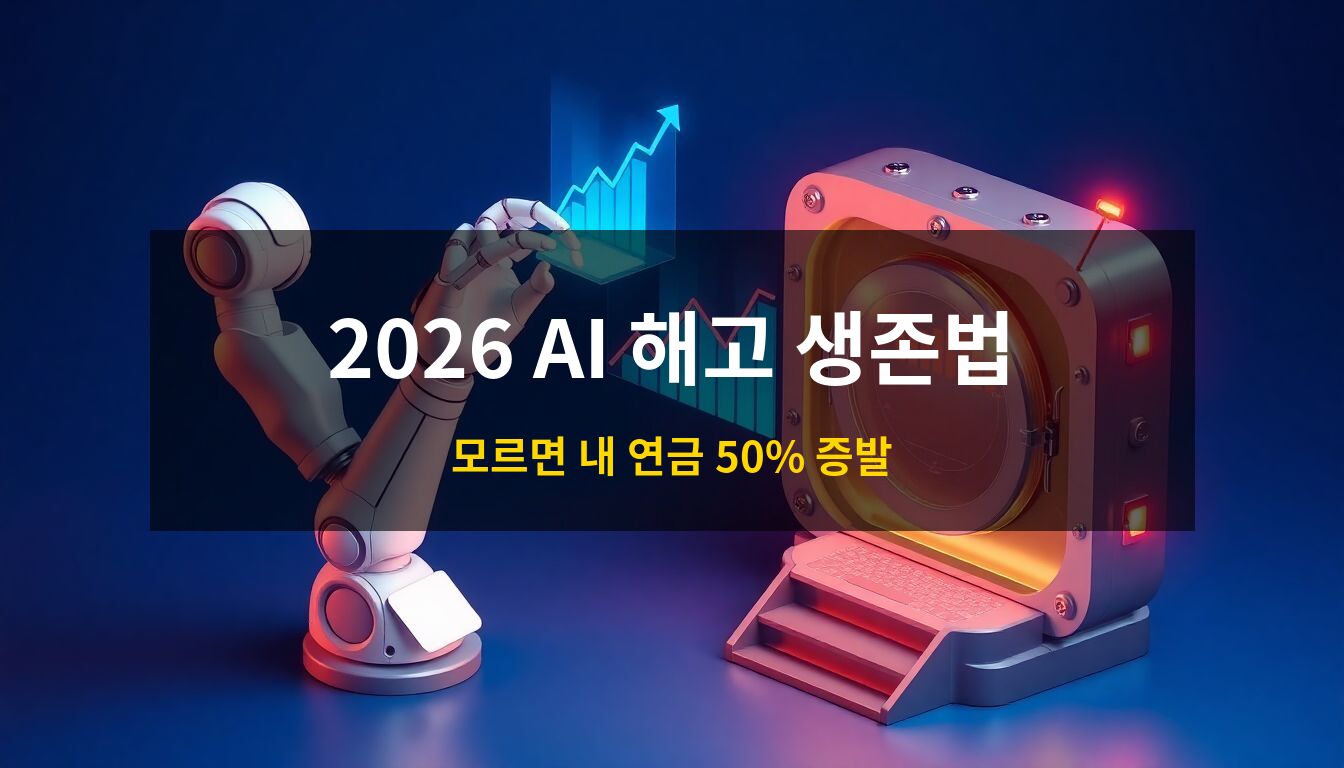 2026 인공지능 자동화 역설: 고속으로 서류를 처리하는 정교한 로봇 팔과 자산을 보호하는 홀로그램 방패 및 연금 포트폴리오를 대조적으로 배치하여 AI 시대의 경제적 대비책을 시각화한 3D 일러스트