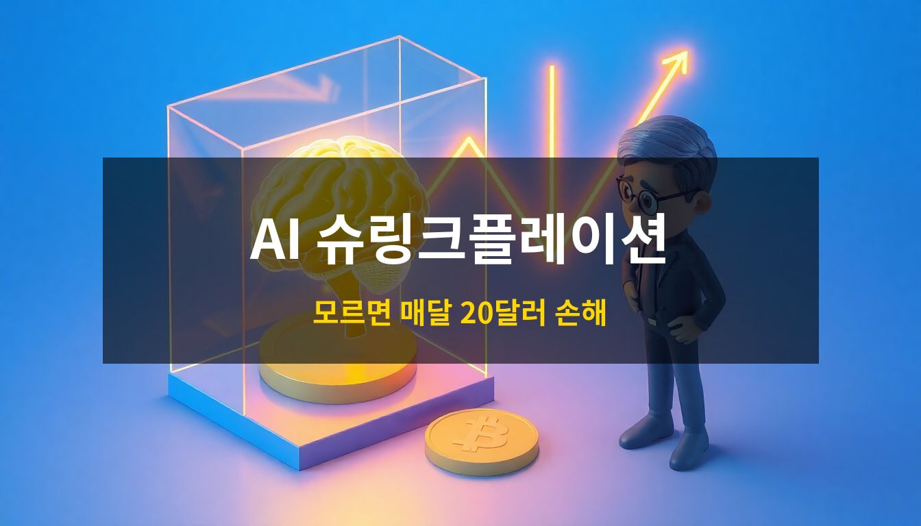 2026인공지능슈링크플레이션: 고정된 가치의 금화 옆에서 작게 축소되며 빛을 잃어가는 인공지능 두뇌 모델과 하락하는 성능 그래프를 모니터링하는 전문직 종사자의 모습을 담은 3D 아이소메트릭 일러스트