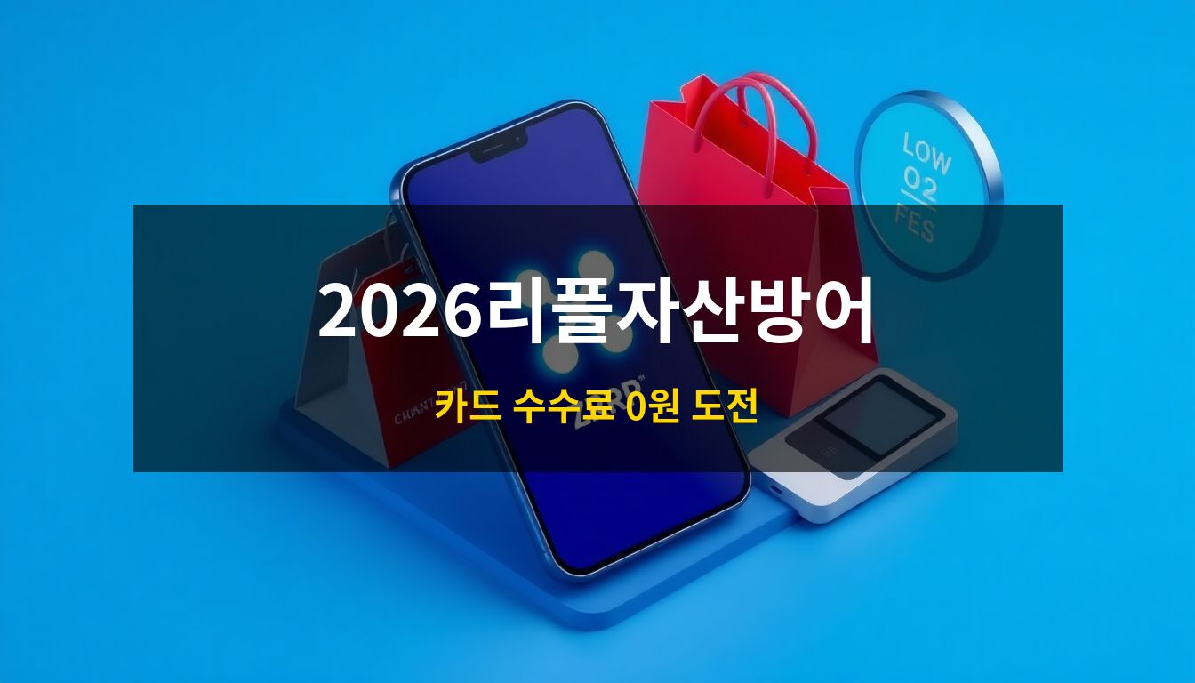 2026리플자산방어: 리플(XRP) 로고가 빛나는 스마트폰과 디지털 코인, 신용카드가 대비를 이루는 3D 아이소메트릭 일러스트로 카드 수수료 절감과 스마트한 자산 관리를 시각화한 이미지