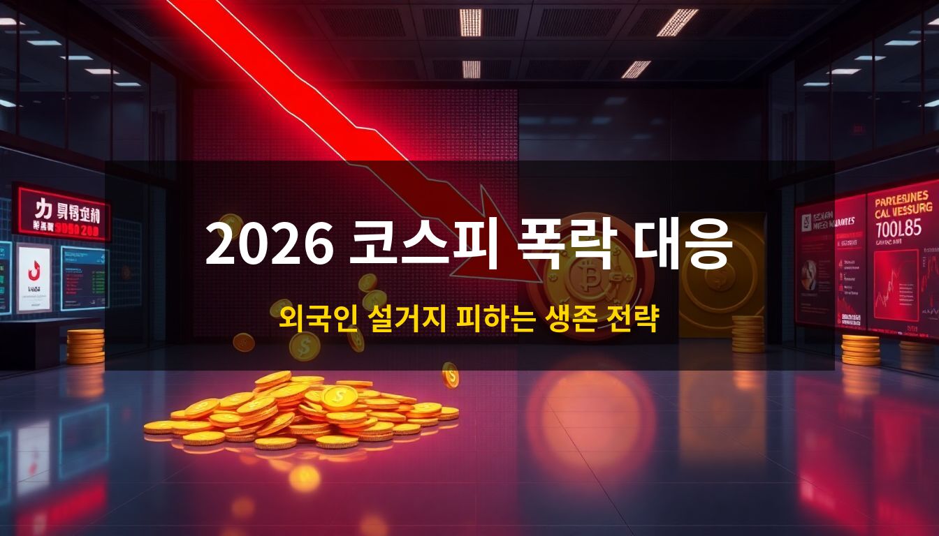 2026 코스피 폭락 대응: 급격히 하강하는 붉은색 화살표와 증권 거래소에서 밖으로 빠져나가는 금전적 흐름을 3D 오브젝트로 시각화하여 자본 유출 위기와 자산 관리의 중요성을 강조한 3D 아이소메트릭 일러스트