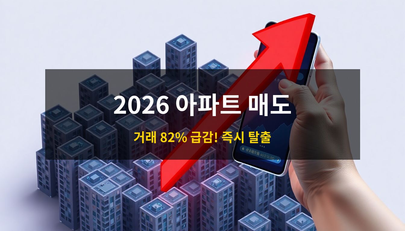 2026서울아파트매도: 급격히 하락하는 붉은색 화살표가 차가운 블루 톤의 아파트 단지를 가로지르는 3D 아이소메트릭 일러스트로, 부동산 거래량 급감과 시장의 위기 상황을 상징하는 이미지