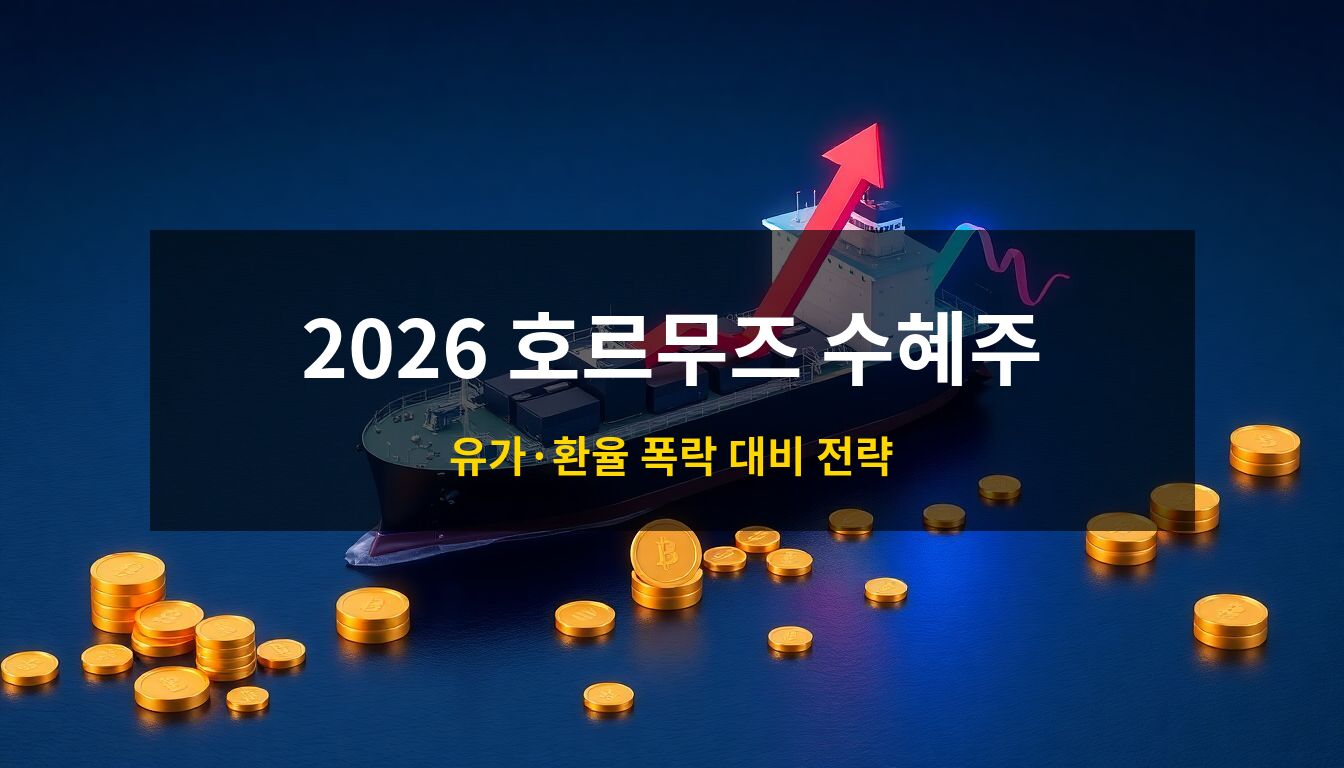 2026 호르무즈 수혜주: 푸른 바다를 항해하는 거대한 유조선을 중심으로 하락하는 유가와 상승하는 주가 그래프가 입체적으로 대비되는 고품질 3D 아이소메트릭 금융 투자 분석 이미지