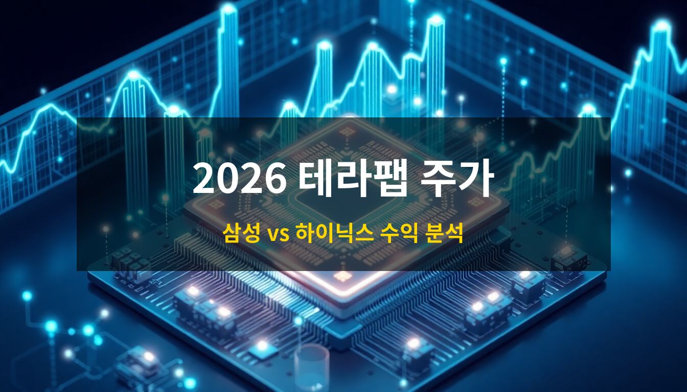 2026 테라팹 반도체 주가: 거대한 미래형 반도체 공장 위에 놓인 정밀한 실리콘 웨이퍼와 상승하는 주가 곡선을 묘사한 고품질 3D 아이소메트릭 일러스트