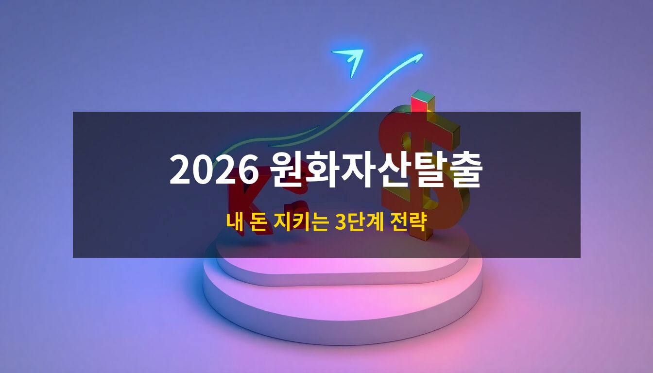 2026 원화자산탈출: 하락하는 붉은색 원화 기호와 대비되어 밝게 빛나며 상승하는 황금빛 달러 코인을 표현한 3D 아이소메트릭 금융 자산 리밸런싱 이미지