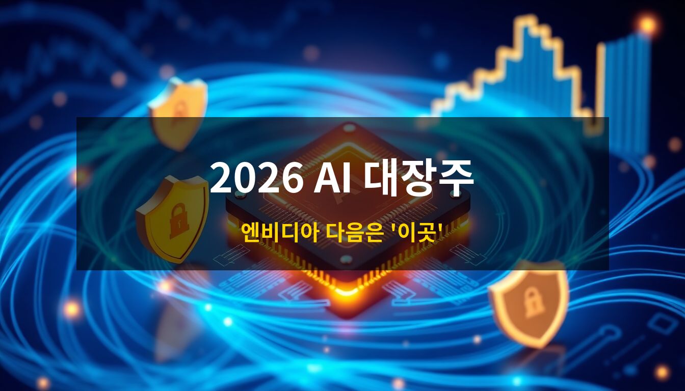 2026인공지능관련주전망: 정밀한 AI 반도체 칩을 중심으로 합성 데이터 스트림과 상승하는 홀로그램 주가 차트가 어우러진 미래 지향적인 3D 아이소메트릭 투자 컨셉 이미지