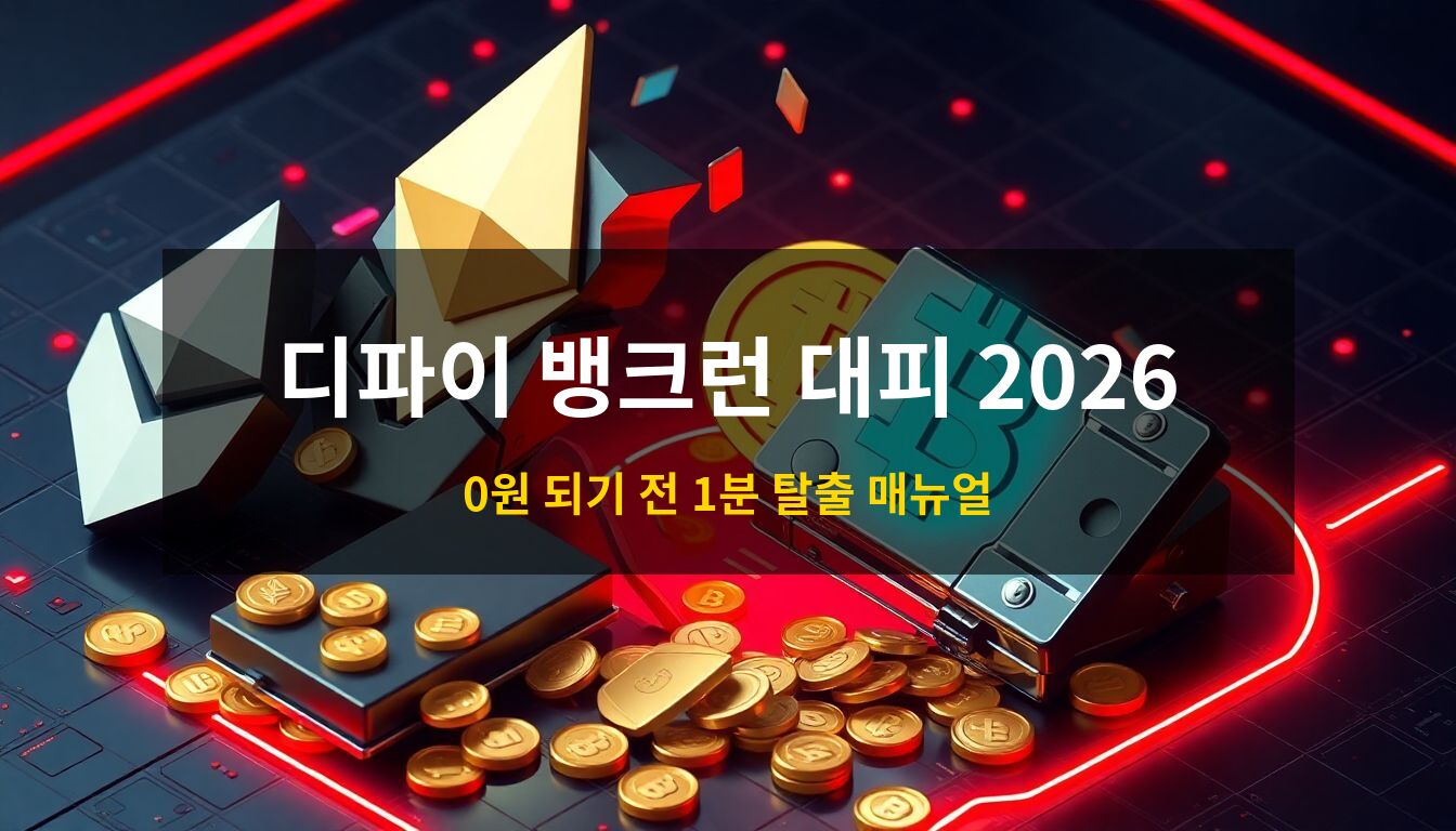 디파이 뱅크런 대피: 균열이 생긴 거대한 이더리움과 비트코인 로고, 쏟아지는 금빛 코인들 사이에서 빛나는 하드웨어 월렛을 통해 자산 보호의 중요성을 묘사한 3D 아이소메트릭 일러스트