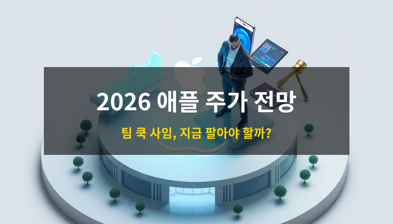 2026 애플 주가 전망: 애플 파크와 로고를 중심으로 신구 CEO의 교체, 폴더블 아이폰, 차세대 칩셋, 그리고 주가 그래프와 법봉 오브젝트가 어우러진 고품질 3D 아이소메트릭 일러스트