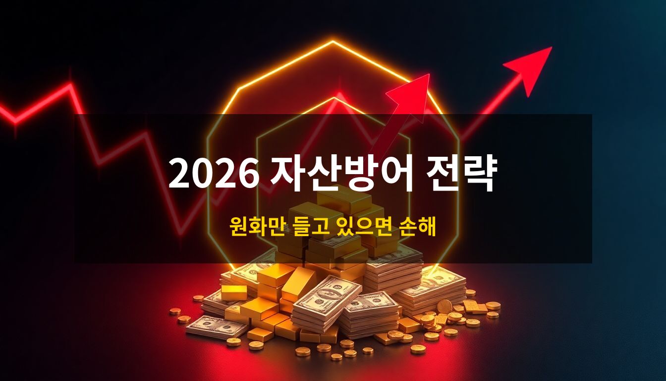 2026경제트렌드자산방어: 고환율 경제 위기 상황에서 금괴와 달러 등 핵심 자산을 안전하게 지켜내는 방어막을 형상화한 3D 아이소메트릭 일러스트