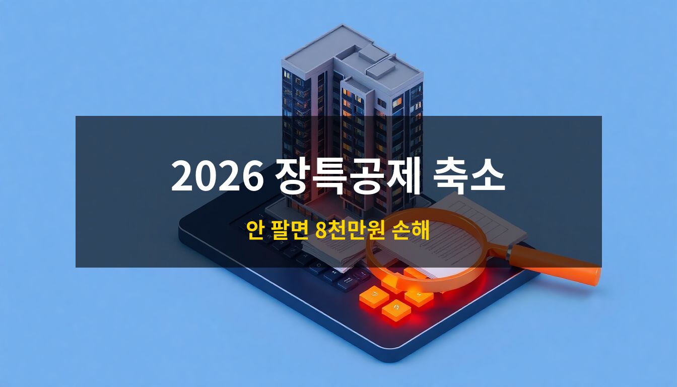 2026 장기보유특별공제: 현대적인 고층 아파트와 정밀한 계산기, 돋보기가 어우러져 세금 절감 전략과 자산 가치 분석을 시각화한 고급스러운 3D 아이소메트릭 이미지