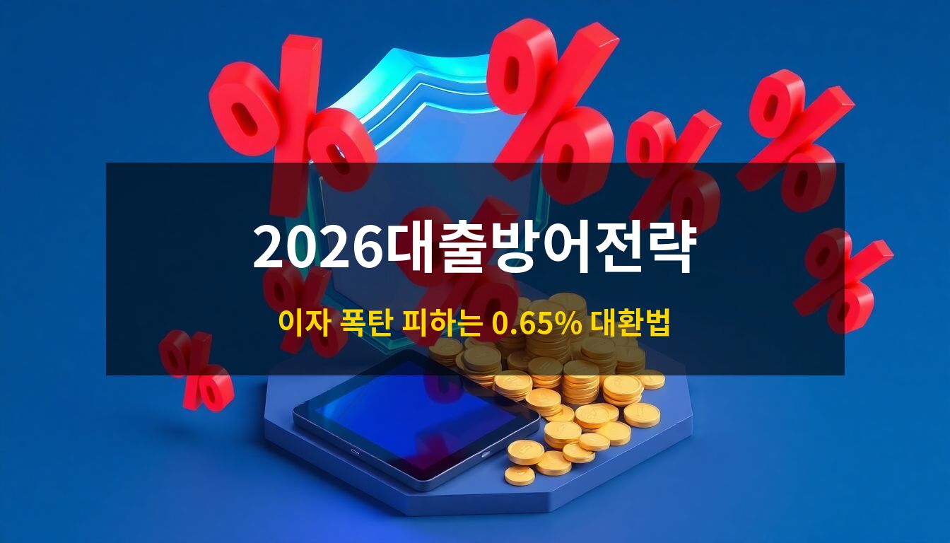 2026대출방어전략: 투명하고 견고한 푸른색 방패가 하늘에서 떨어지는 붉은색 퍼센트 기호의 이자 폭탄들을 막아내며 자산을 보호하는 모습을 형상화한 3D 아이소메트릭 일러스트
