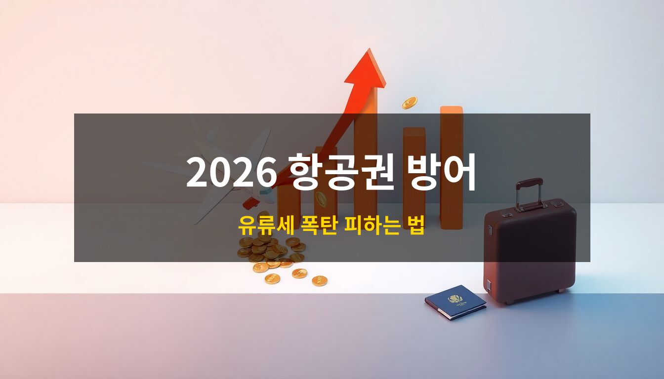 2026항공권경비방어: 급격히 상승하는 유류할증료 차트와 비행기, 여행 가방이 조화를 이룬 고품질 3D 일러스트 이미지로 저렴한 항공권 구매를 위한 경제적 전략을 시각화함.