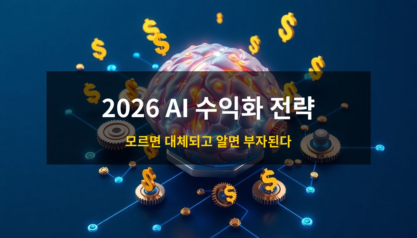 2026 인공지능 수익화 전략: 중심부의 빛나는 AI 코어와 황금색 달러 기호, 정교한 기계 톱니바퀴가 조화를 이루며 자동화된 수익 창출 과정을 시각화한 고급스러운 3D 아이소메트릭 컨셉 이미지