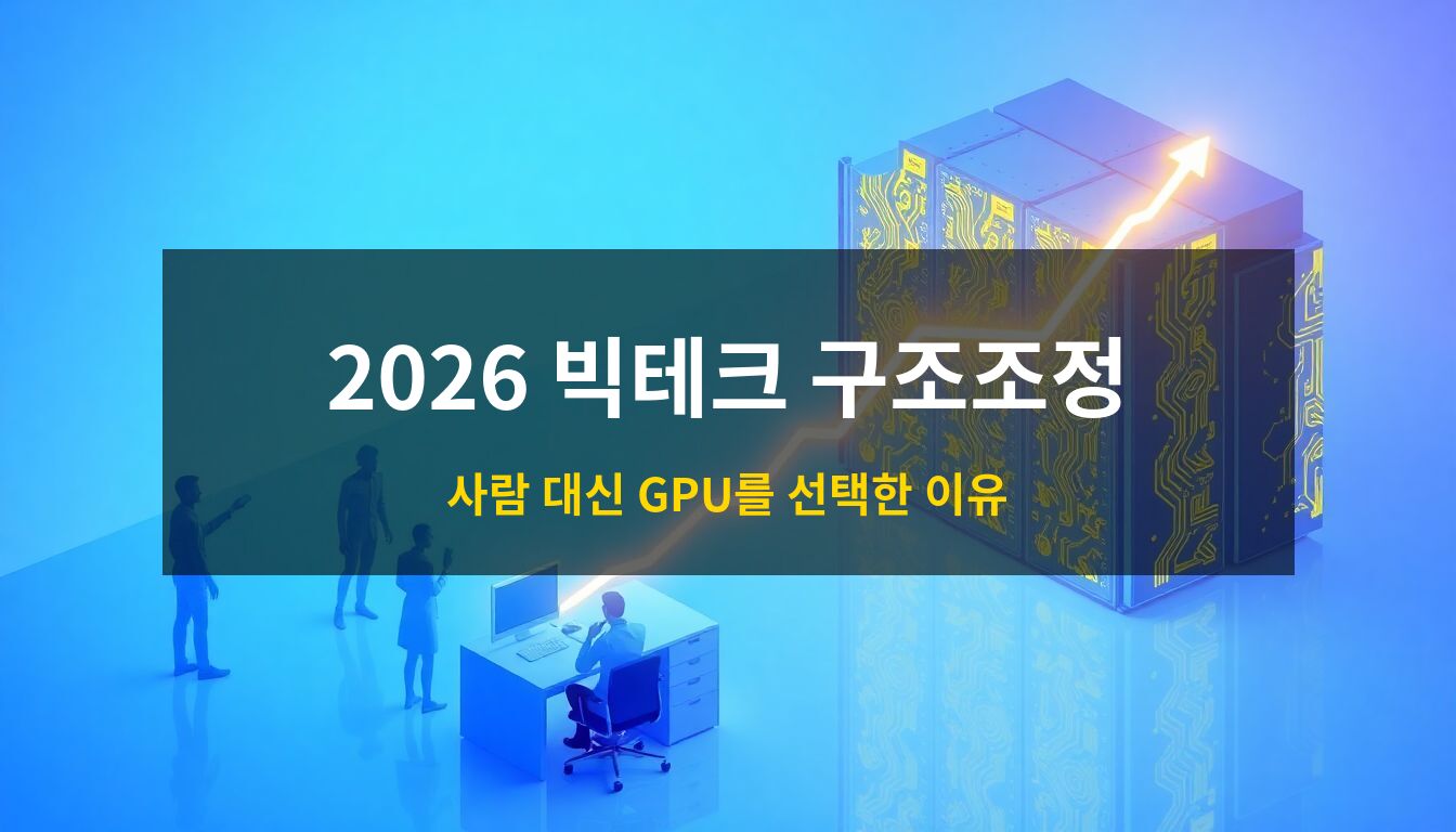 2026 빅테크 구조조정: 투명하게 사라지는 사무직 직원의 실루엣과 그 자리를 채우는 거대한 AI GPU 서버 랙, 상승하는 홀로그램 그래프를 통해 인력 감축과 AI 인프라 투자의 전환을 시각화한 고급 3D 아이소메트릭 이미지
