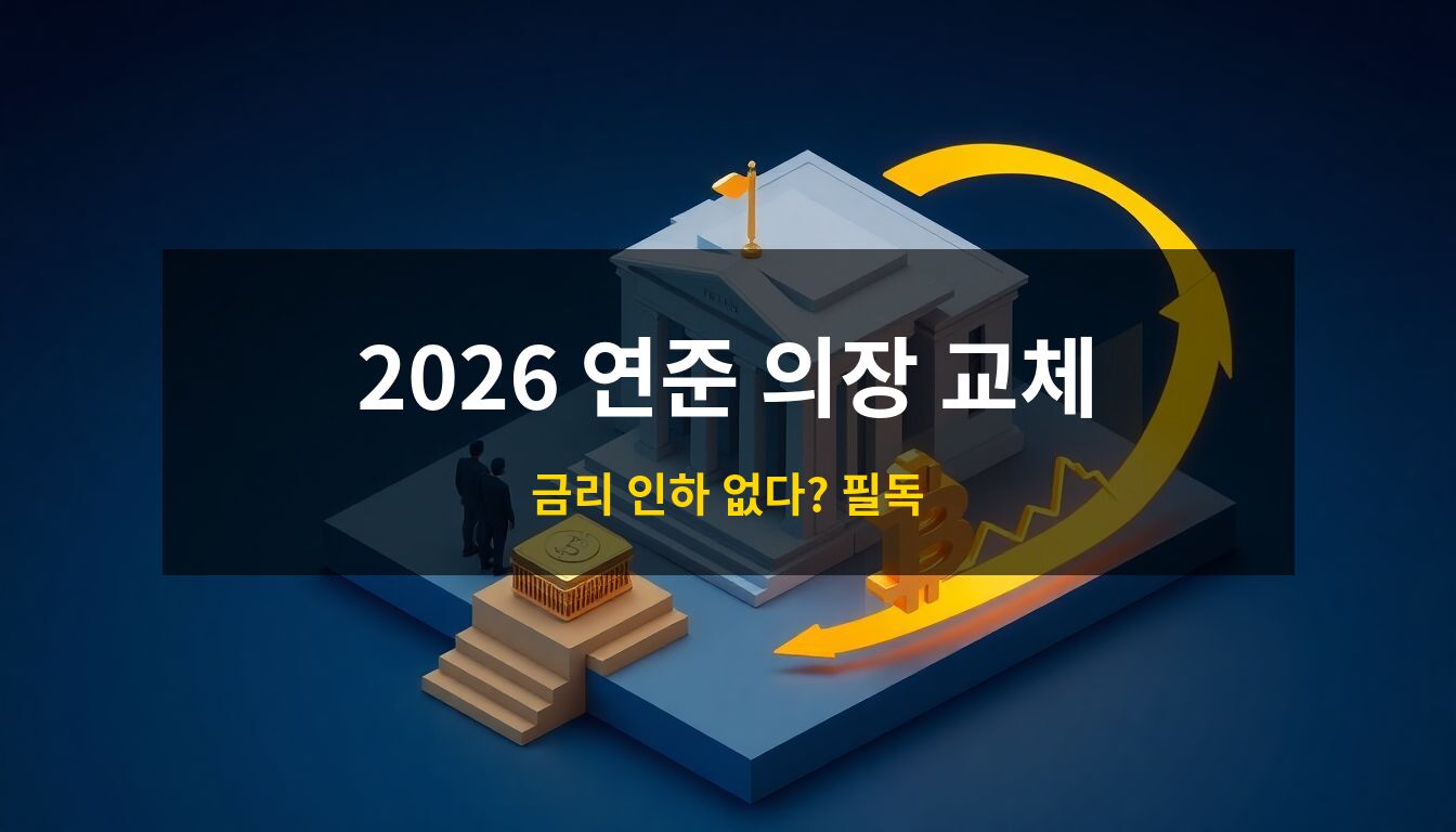 2026 연준 의장 교체: 웅장한 연방준비제도 건물과 황금빛 달러, 비트코인 오브젝트를 통해 차기 의장 선임에 따른 통화 정책 변화와 자산 이동을 시각화한 3D 아이소메트릭 일러스트