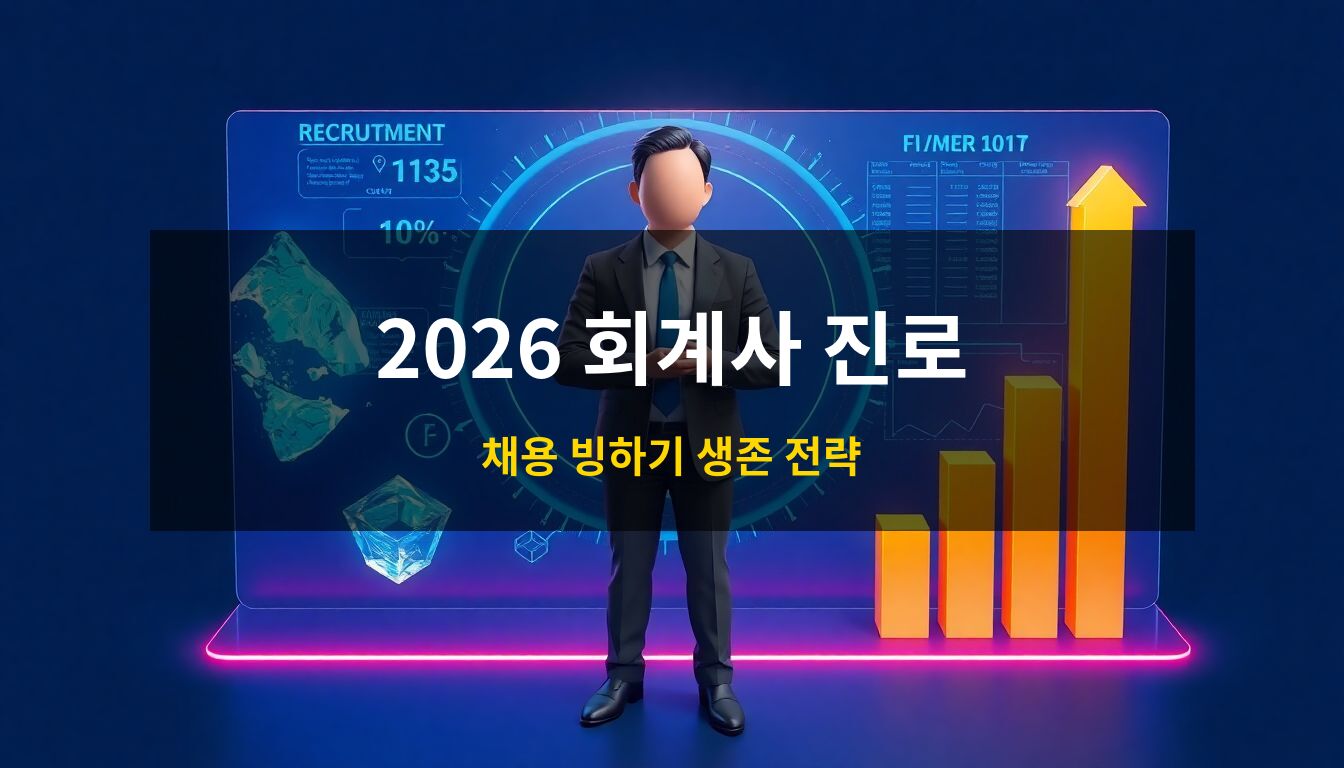 회계사 진로 전망: 채용 빙하기를 상징하는 푸른 얼음 파편과 대조되는 황금빛 상승 그래프를 다루는 전문직 회계사의 미래지향적 3D 아이소메트릭 일러스트