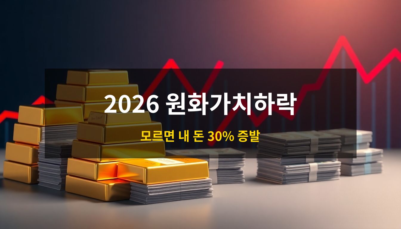 2026 원화가치하락: 치솟는 붉은색 환율 그래프를 배경으로 황금색 골드바와 자산 뭉치가 강조된 고품질 3D 아이소메트릭 이미지로, 경제 위기 속 자산 보호 전략을 시각화함