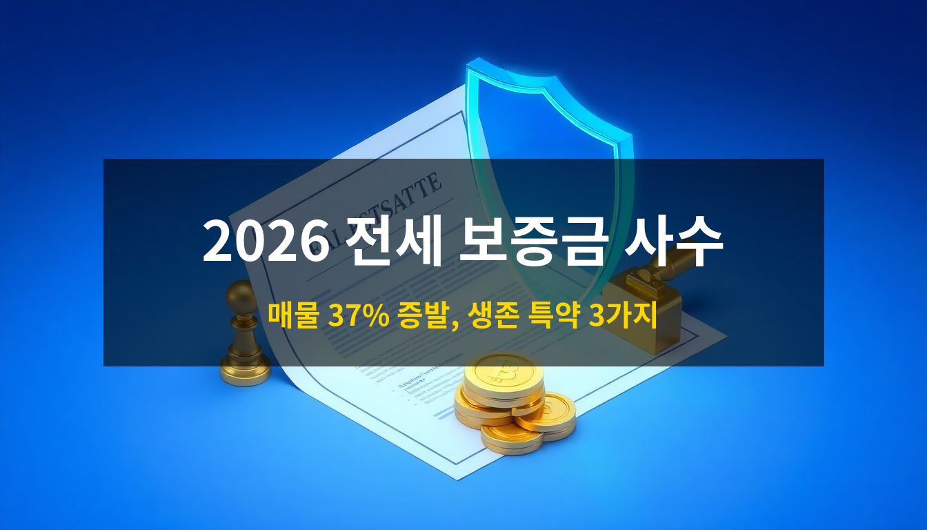 2026 전세 대란 보증금 방어 전략: 전세 계약서와 자산을 상징하는 황금 동전을 투명한 푸른색 디지털 방패가 안전하게 감싸며 보호하는 모습을 형상화한 고퀄리티 3D 아이소메트릭 일러스트