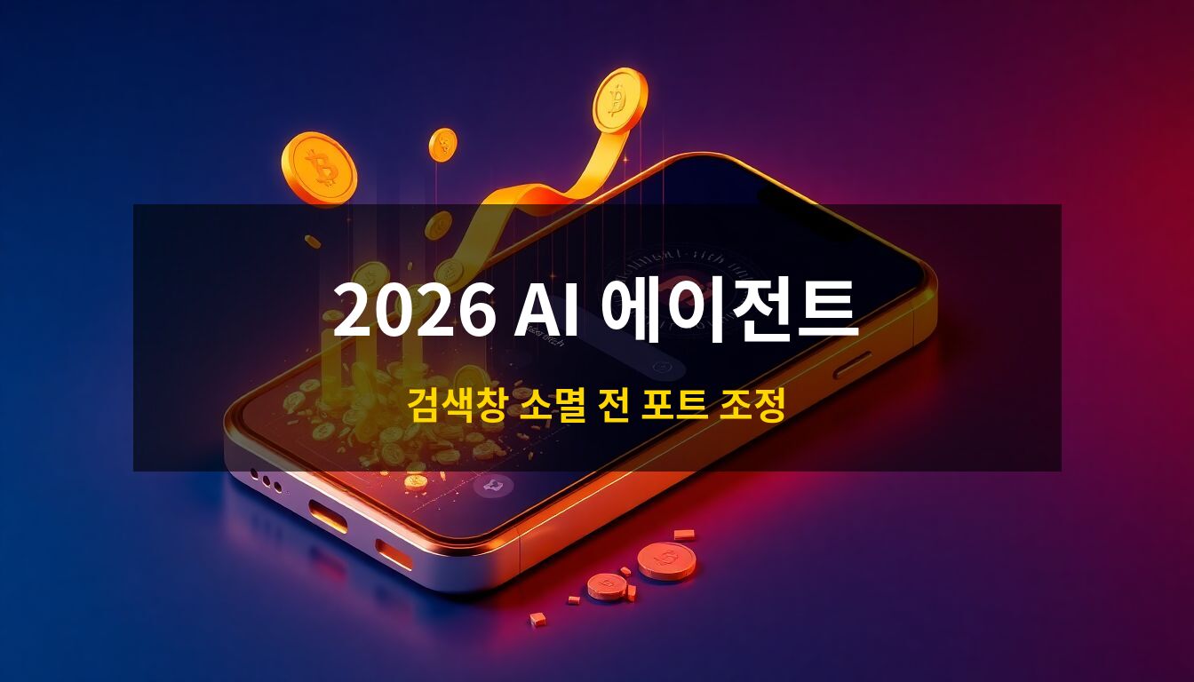 2026 인공지능 에이전트 투자: 스마트폰에서 활성화된 AI 에이전트가 금색 코인과 상승하는 수익 그래프를 생성하며, 기존 검색창이 부서지는 모습을 형상화한 고급스러운 3D 아이소메트릭 일러스트