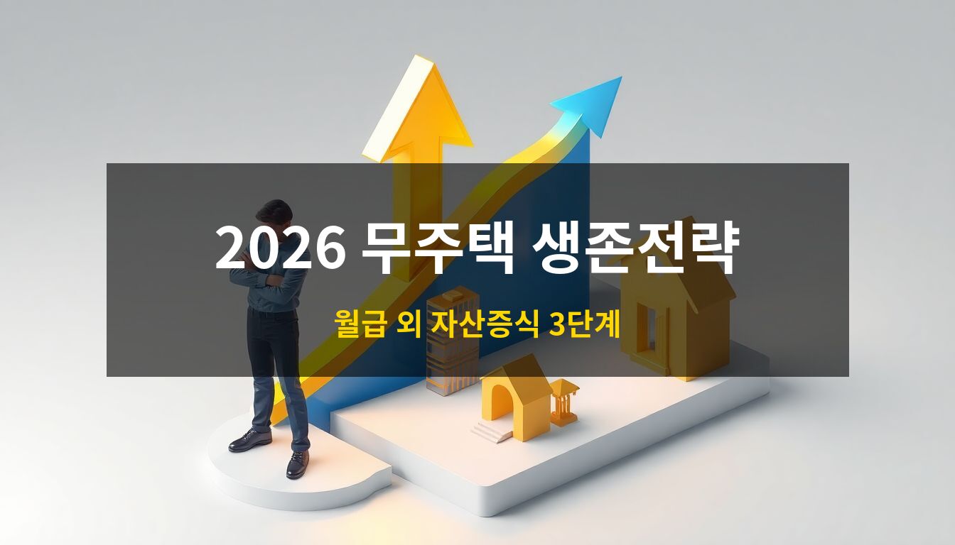 무주택자생존전략: 급격히 상승하는 황금색 자산 그래프와 도심 빌딩 숲 사이에서 태블릿을 든 직장인의 모습을 형상화한 고급스러운 3D 아이소메트릭 일러스트