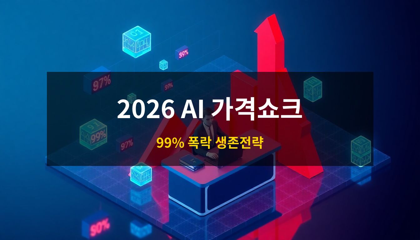 2026 인공지능 가격파괴 생존전략: 급락하는 주식 시장 그래프와 저렴한 AI 가격표들 사이에서 냉철하게 디지털 인터페이스를 다루며 업무를 자동화하는 직장인의 모습을 묘사한 3D 아이소메트릭 일러스트