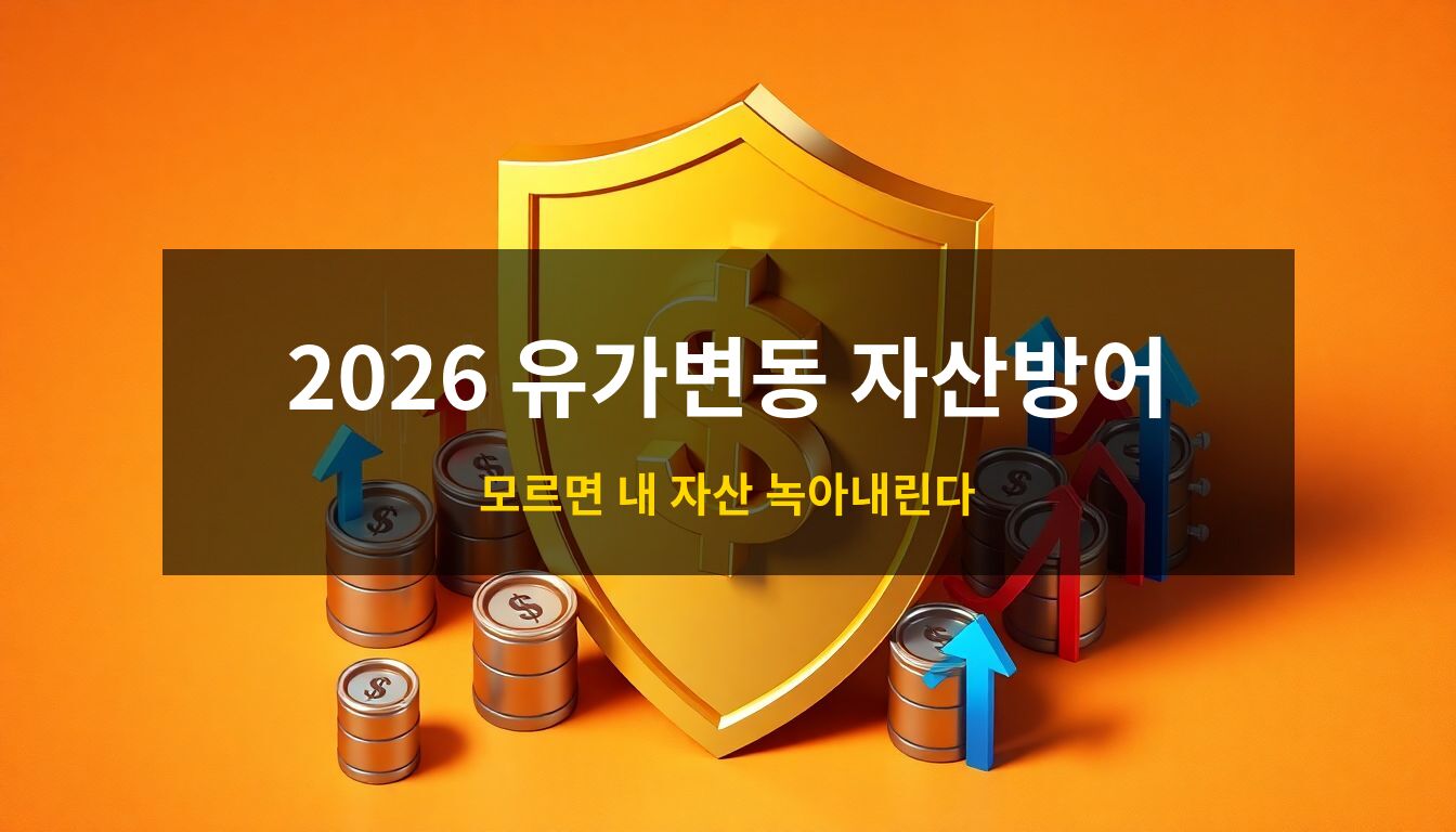 2026 유가변동 자산방어: UAE 탈퇴로 인한 유가 급등 위기 속에서 달러 자산을 상징하는 기호를 황금 방패로 보호하는 모습과 원유 배럴, 금융 그래프가 어우러진 3D 아이소메트릭 일러스트