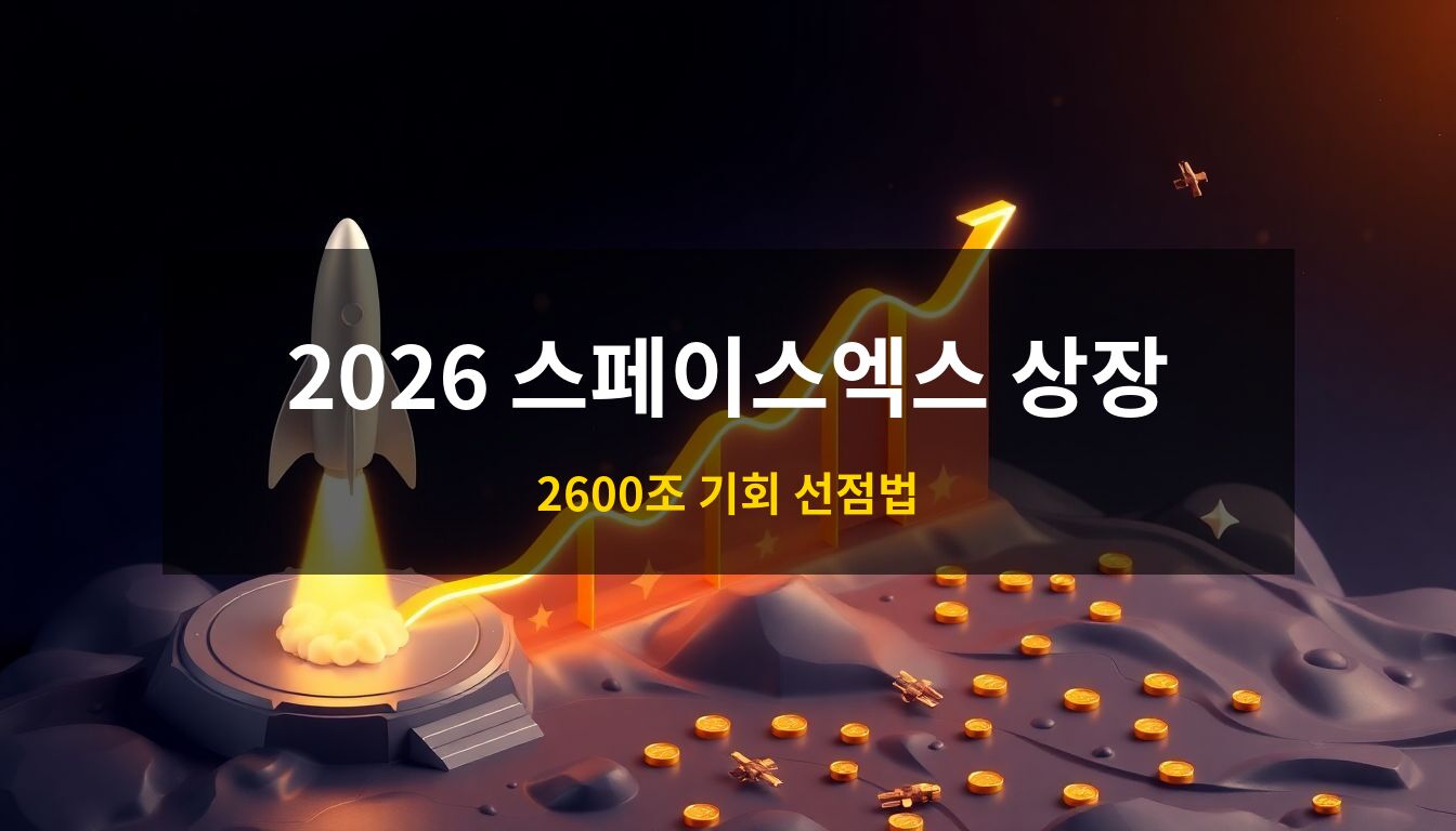 2026 스페이스엑스 상장: 우주로 비상하는 로켓과 그 주위를 역동적으로 감싸는 황금빛 상승 곡선 및 금화 오브제를 통해 거대한 자본 이동과 수익 기회를 형상화한 고급 3D 아이소메트릭 일러스트